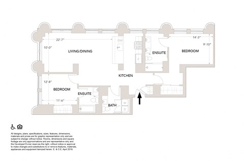 Floor plan for 2 beds, 2.5 baths, 1319 sqft